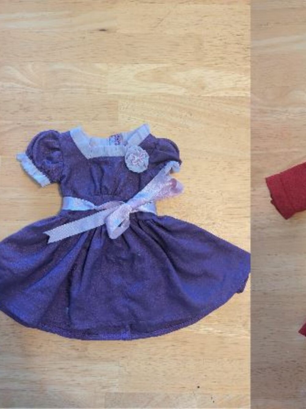 American Girl Kit Red Holiday Dress and Emily Purple Holiday Dress